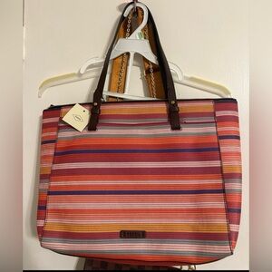 Fossil Striped Tote in Coral, Navy & Pink with Dark Brown Handles